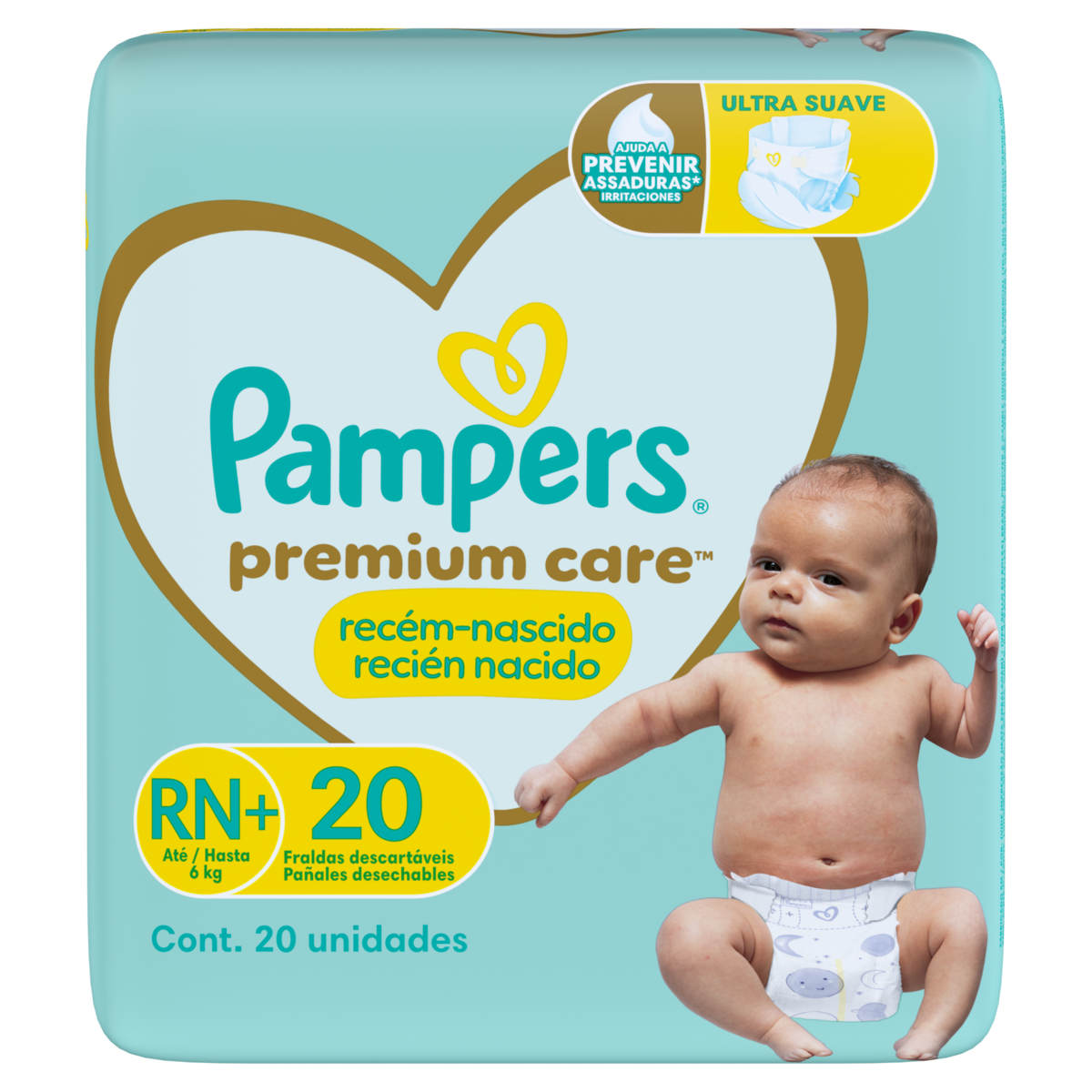 Fralda Descartável Recém-Nascido Pampers Premium Care RN+ Pacote 20 Unidades