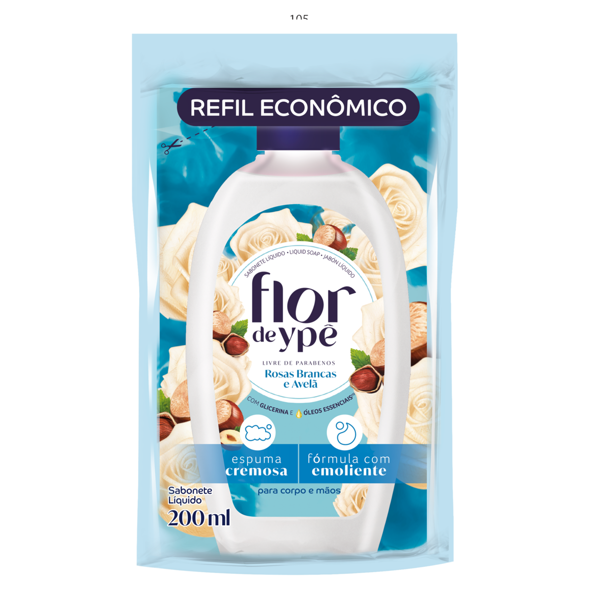 Sabonete Líquido Rosas Brancas e Avelã Flor de Ypê Sachê 200ml Refil Econômico