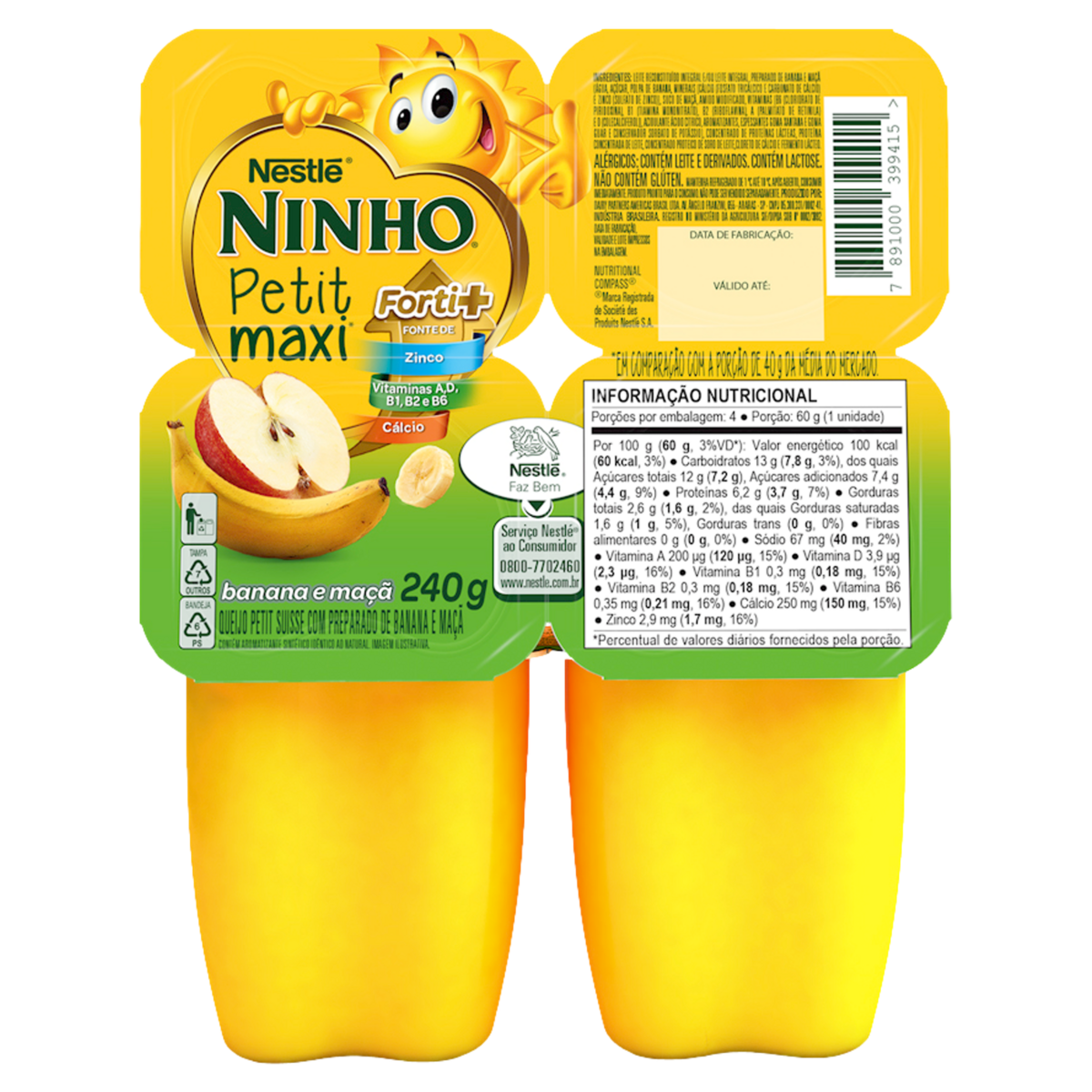 Petit Suisse Banana e Maçã Ninho Petit Maxi Forti+ Bandeja 240g 4 Unidades