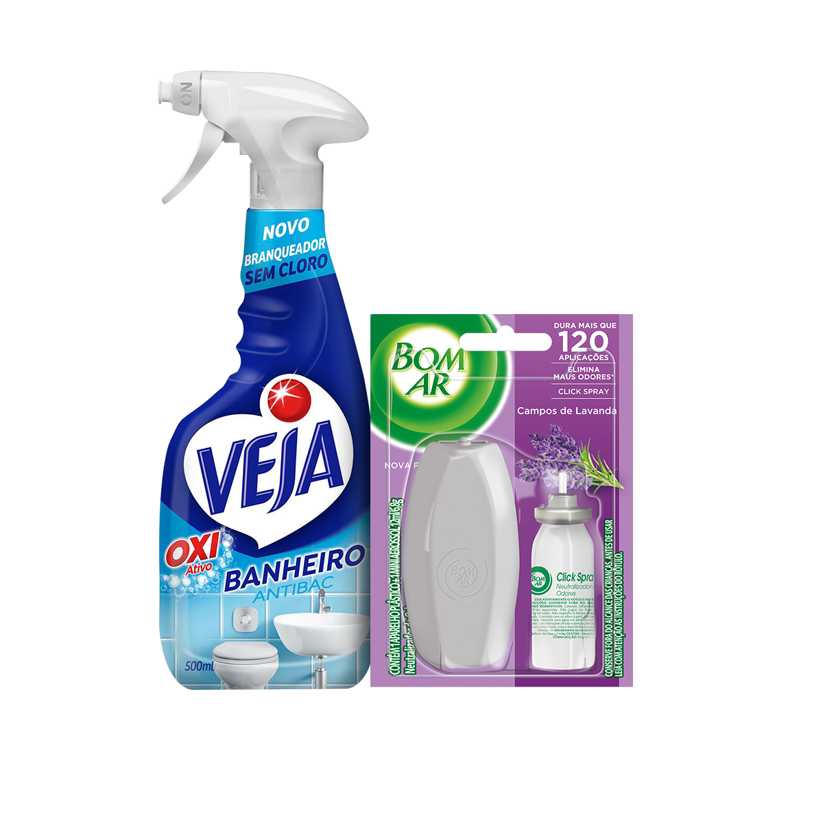 Kit Aromatizador Bom Ar Click Spray Campos de Lavanda Aparelho com Refil 12ml + Limpador Spray Anti Bac Veja Banheiro Oxi 500ml Oferta