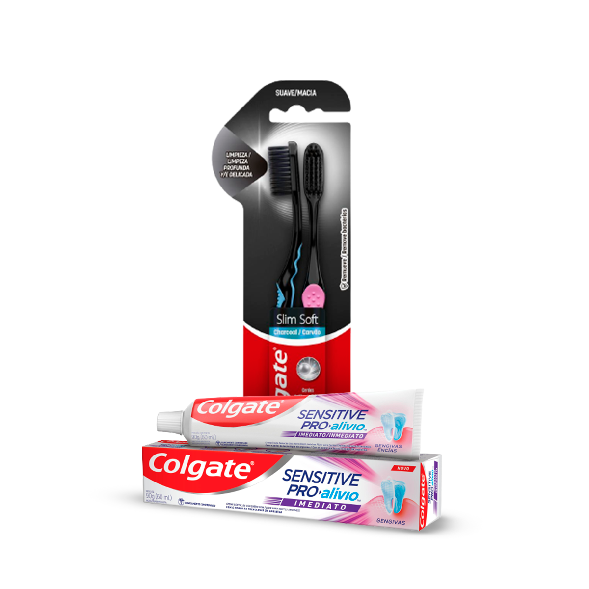 Kit Creme Dental Colgate Sensitive Pró-Alívio Imediato Gengiva 90g +  Escova de Dente Colgate Slim Soft Black 2 unidades