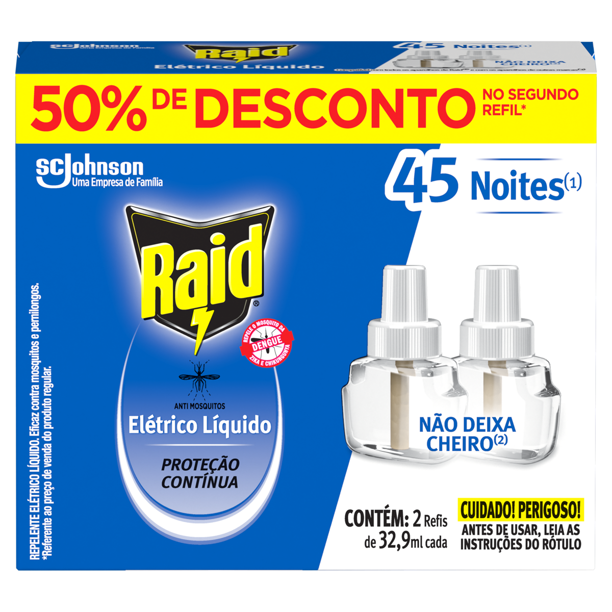 Repelente Líquido Elétrico 45 Noites sem Perfume Raid Caixa 2 Unidades 32,9ml Cada Grátis 50% de Desconto no Segundo Refil
