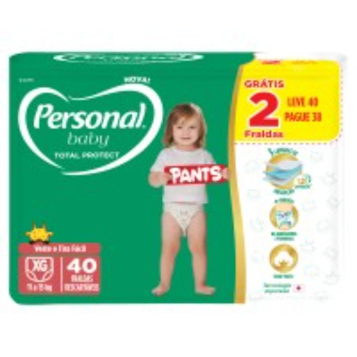 Fralda Descartável Pants Personal Baby Total Protect XG Pacote Leve 40 Pague 38 Unidades