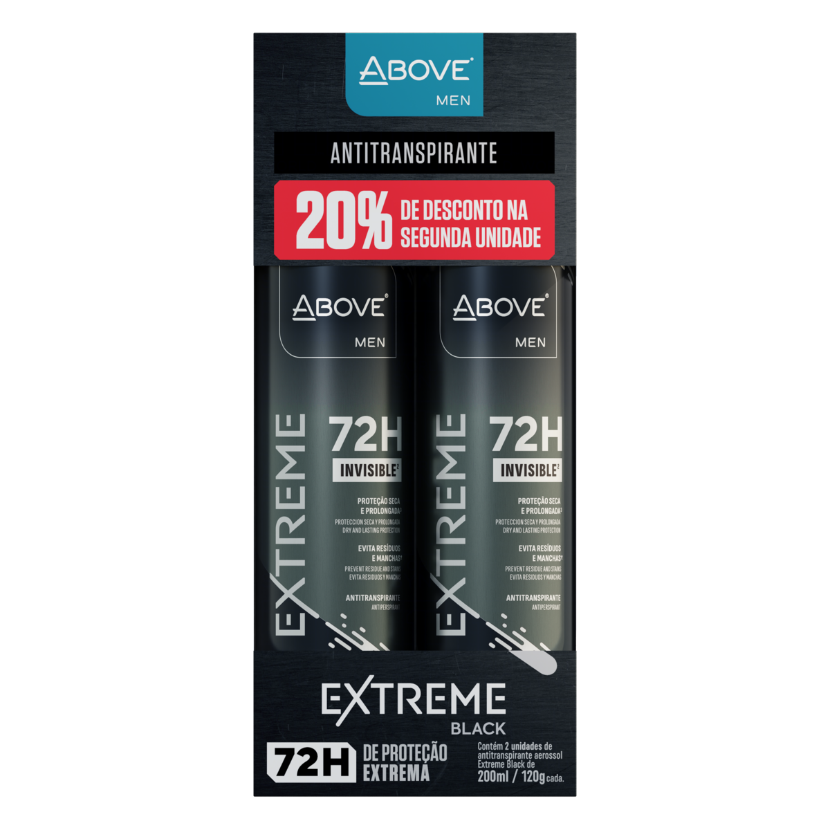 Pack Antitranspirante Jato Seco Invisible Black Above Men Extreme 2 Unidades 200ml Cada Grátis 20% de Desconto na Segunda Unidade Spray