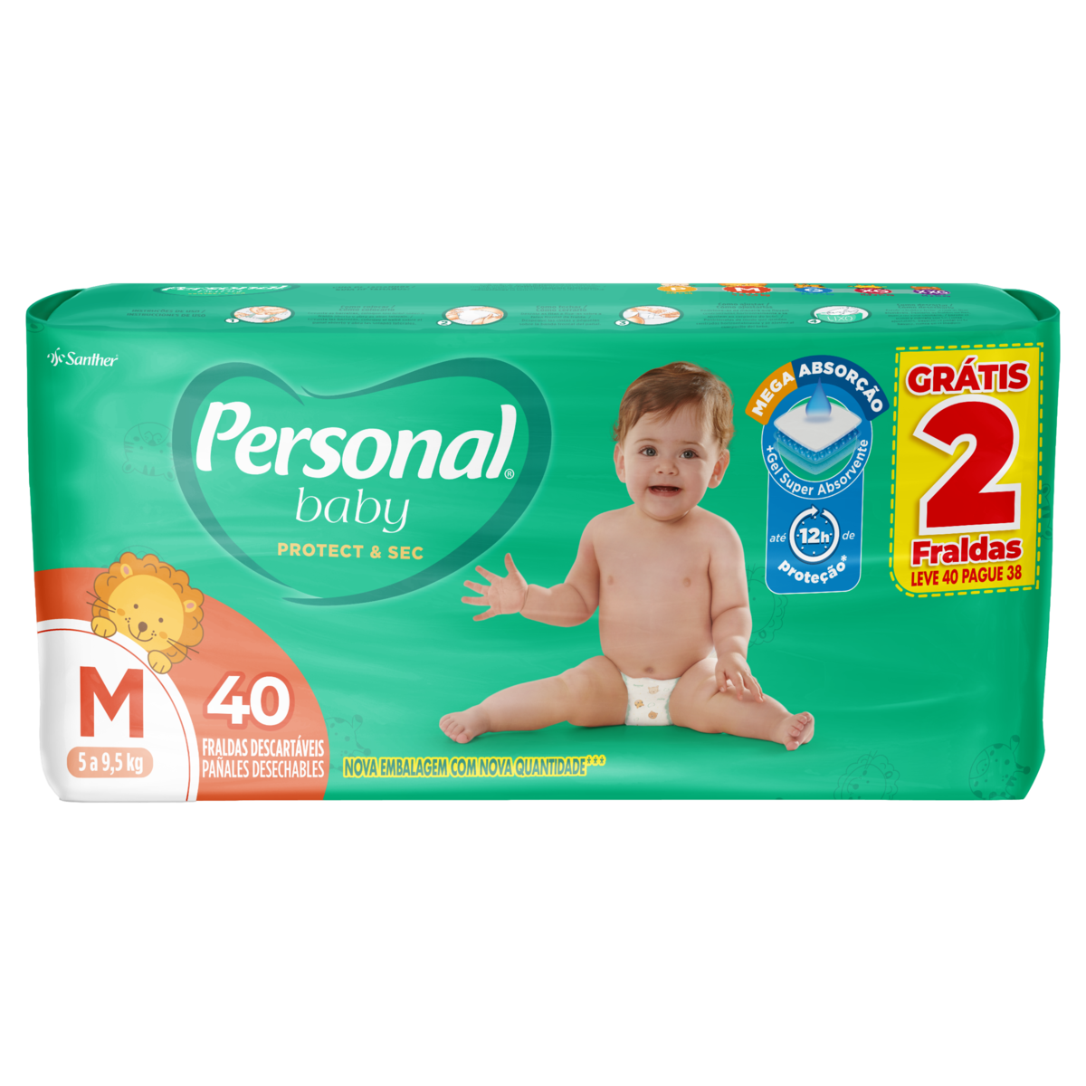 Fralda Descartável Personal Baby Protect & Sec M Pacote Leve 40 Pague 38 Unidades