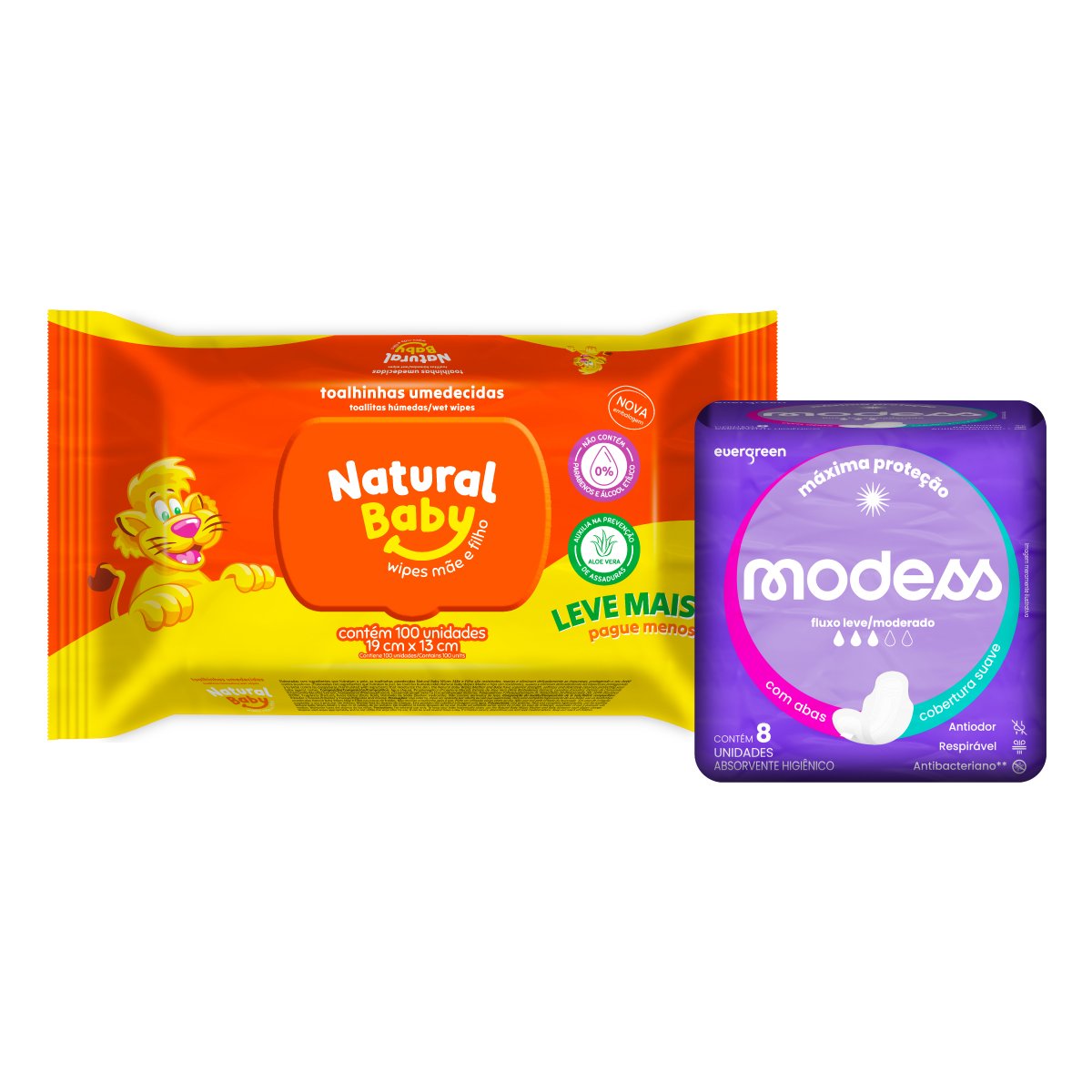 Kit Toalha Umedecida Natural Baby Leve 100 Pague 80 +  Absorvente Suave Com Abas Modess 8 unidades