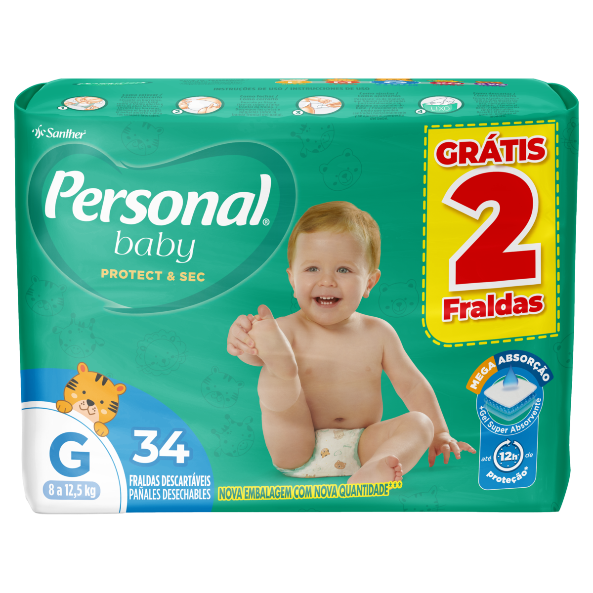Fralda Descartável Personal Baby Protect & Sec G Pacote Leve 34 Pague 32 Unidades