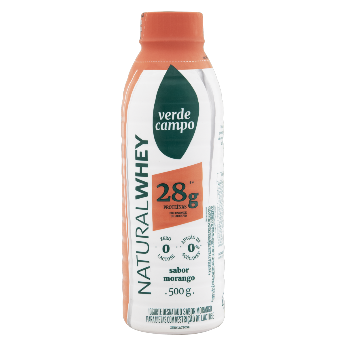 Iogurte Desnatado Morango Zero Lactose Verde Campo Natural Whey 28g de Proteína Garrafa 500g