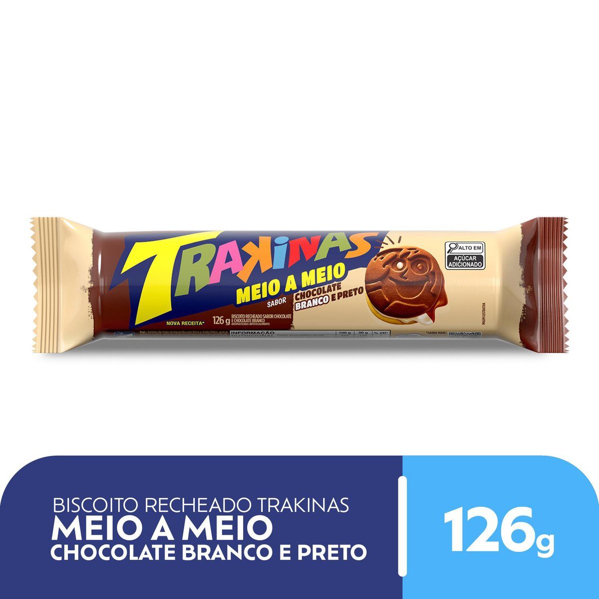Biscoito Recheado Trakinas Meio a Meio Chocolate Ao Leite e Branco 126g