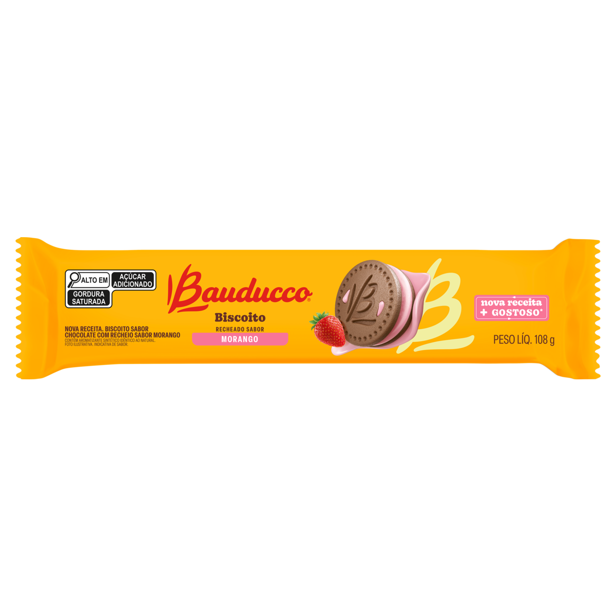 Biscoito Chocolate Recheio Morango Bauducco Pacote 108g