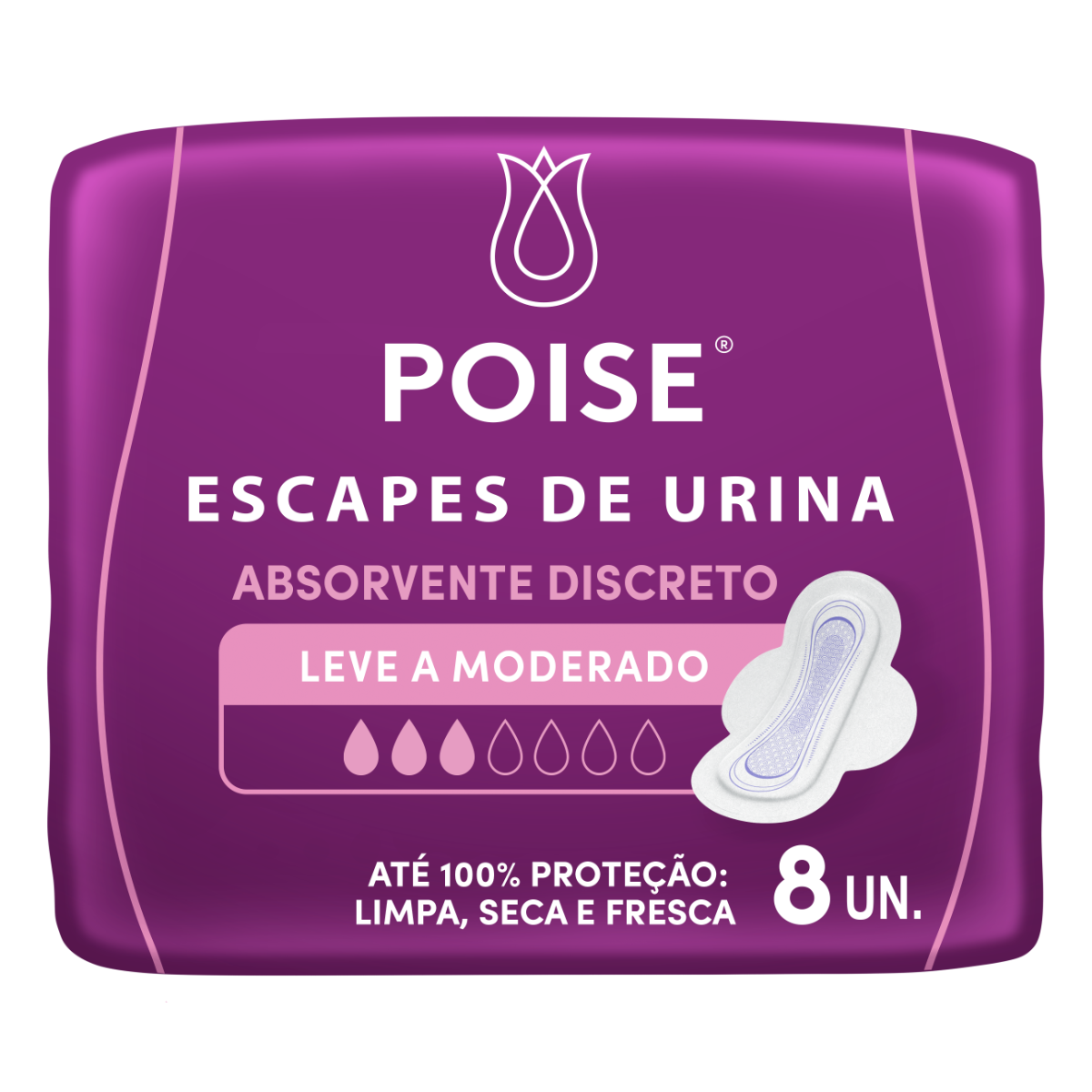 Absorvente com Abas para Escapes de Urina Poise Discreto Pacote 8 Unidades