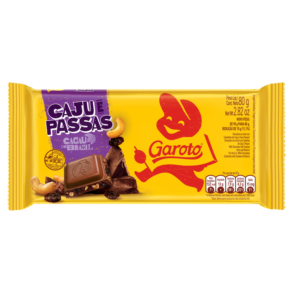 Chocolate ao Leite Caju e Passas Garoto Pacote 80g