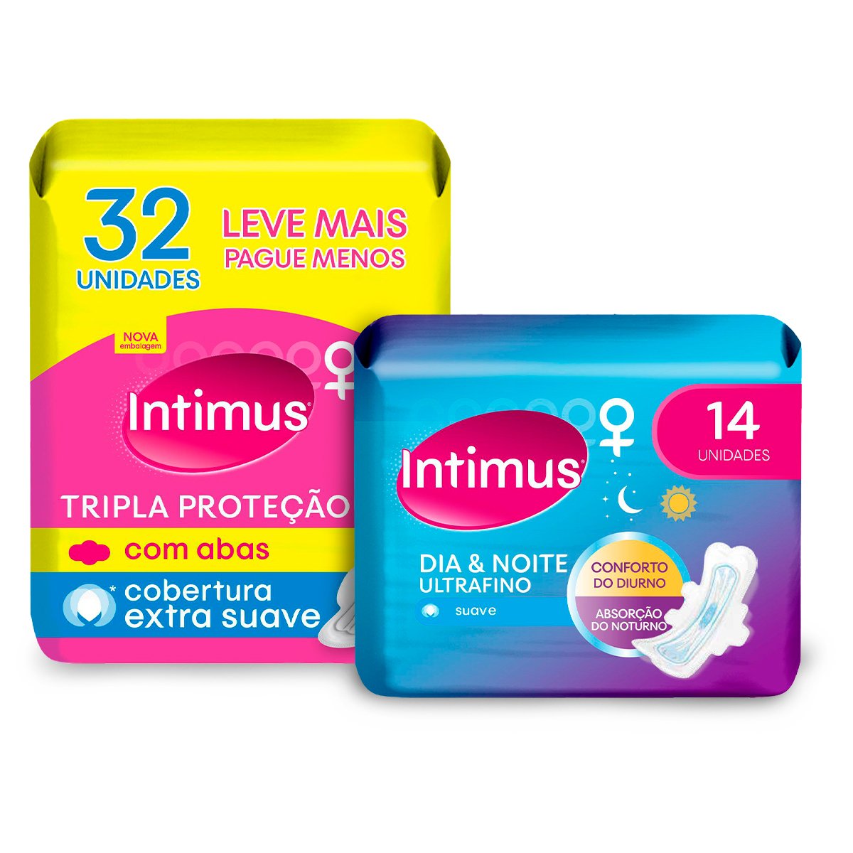 Kit Absorvente Externo Intimus Tripla Proteção Suave C/Abas 32 unidades + Absorvente com Abas Extra Suave Dia & Noite Ultrafino Intimus 14 Unidades 