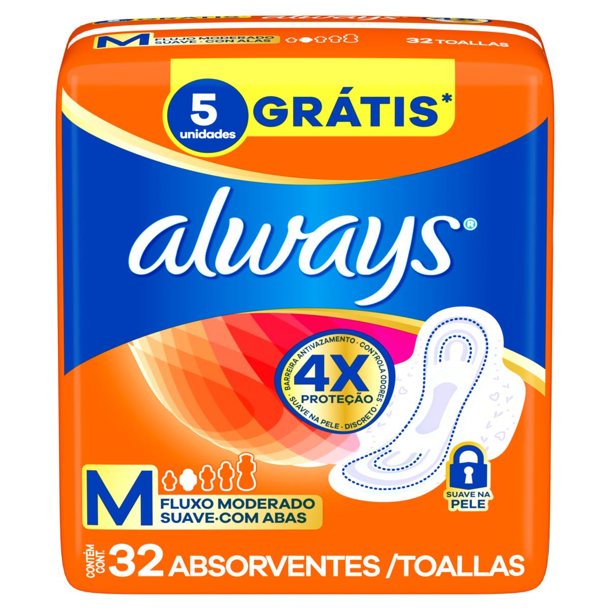 Absorvente com Abas Suave Always M Pacote 32 Unidades Grátis 4 Absorventes