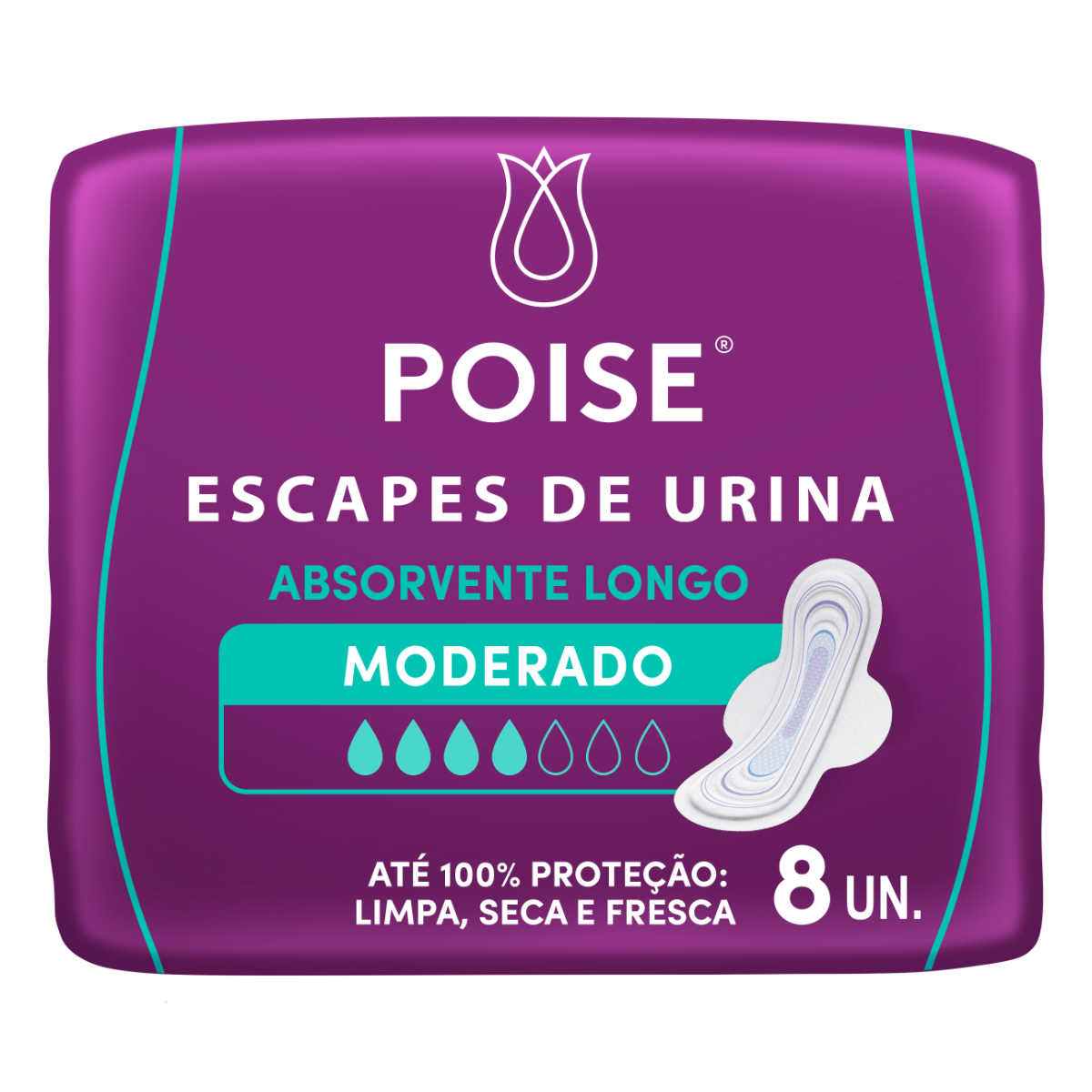 Absorvente com Abas para Escapes de Urina Poise Longo Pacote 8 Unidades
