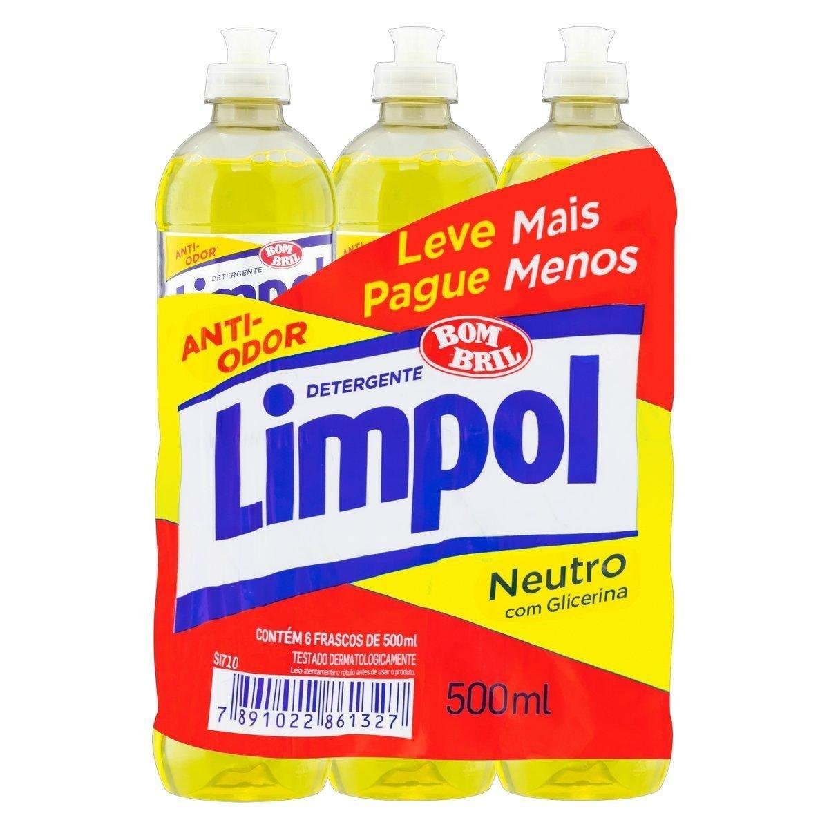 Pack Detergente Líquido Neutro Limpol Squeeze 6 Unidades 500ml Cada Leve Mais Pague Menos