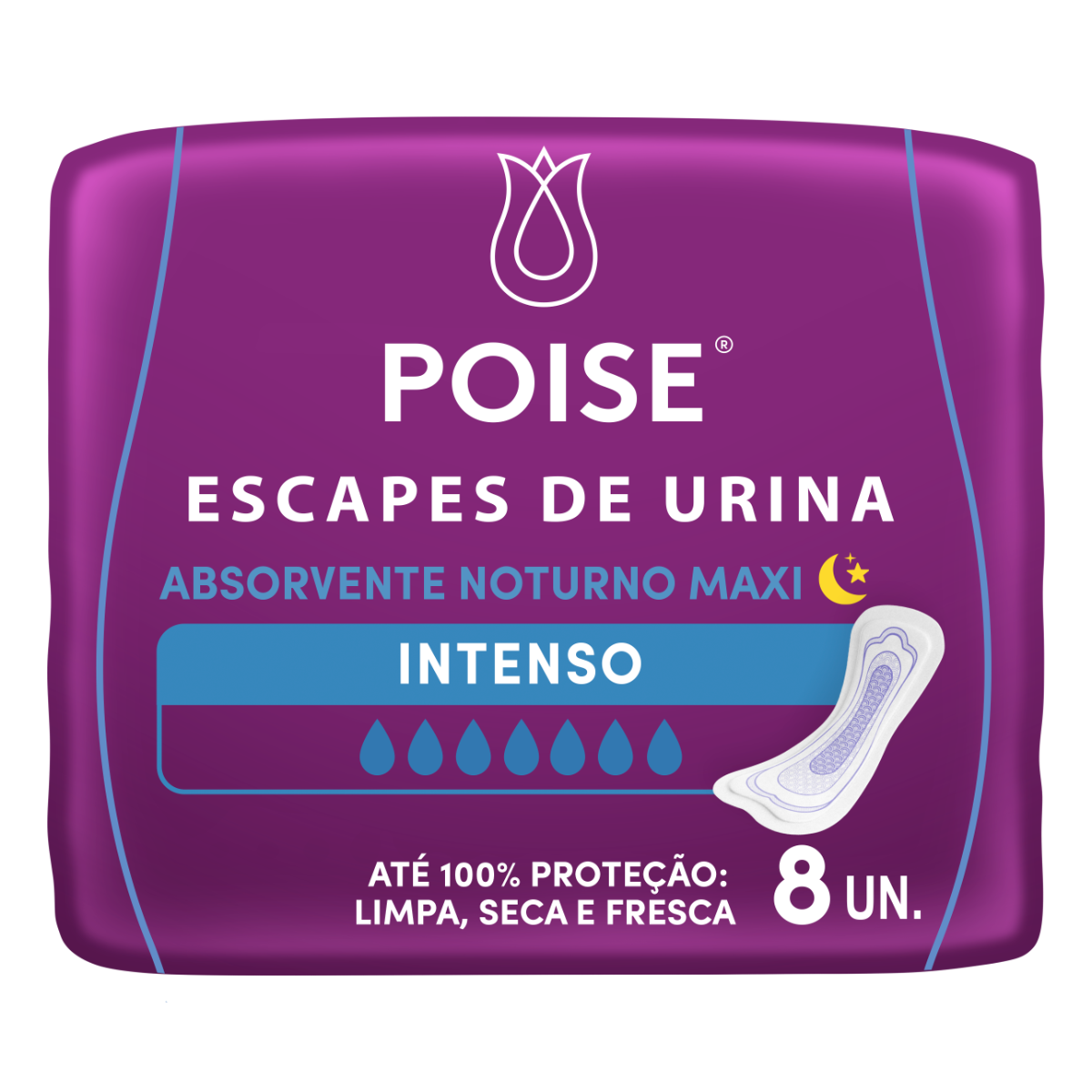 Absorvente sem Abas para Escapes de Urina Poise Noturno Maxi Pacote 8 Unidades