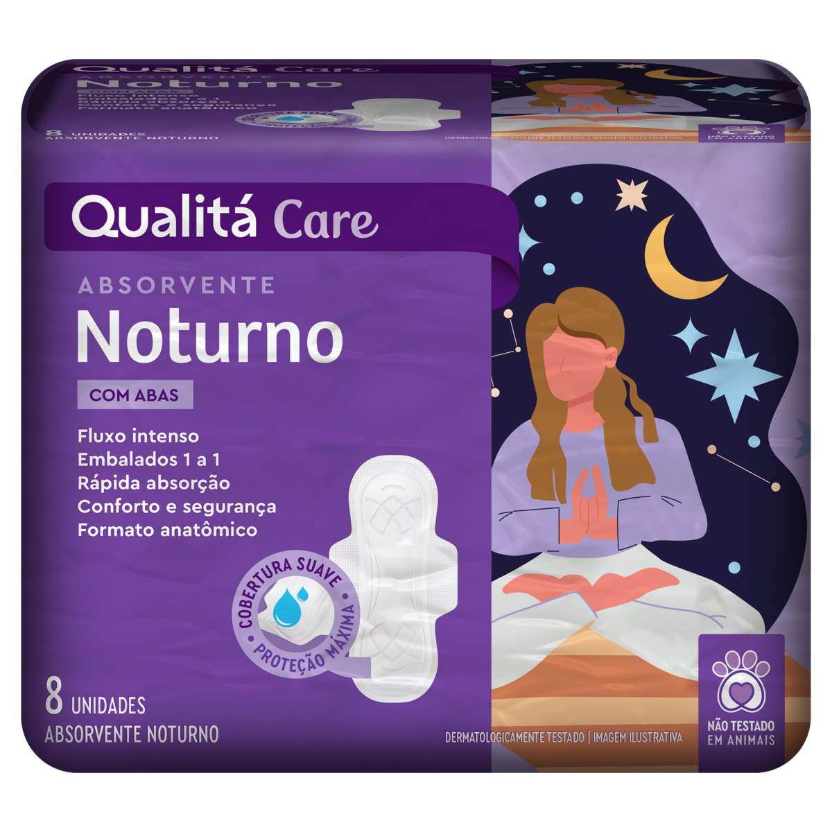 Absorvente com Abas Suave Qualitá Care Noturno Pacote 8 Unidades