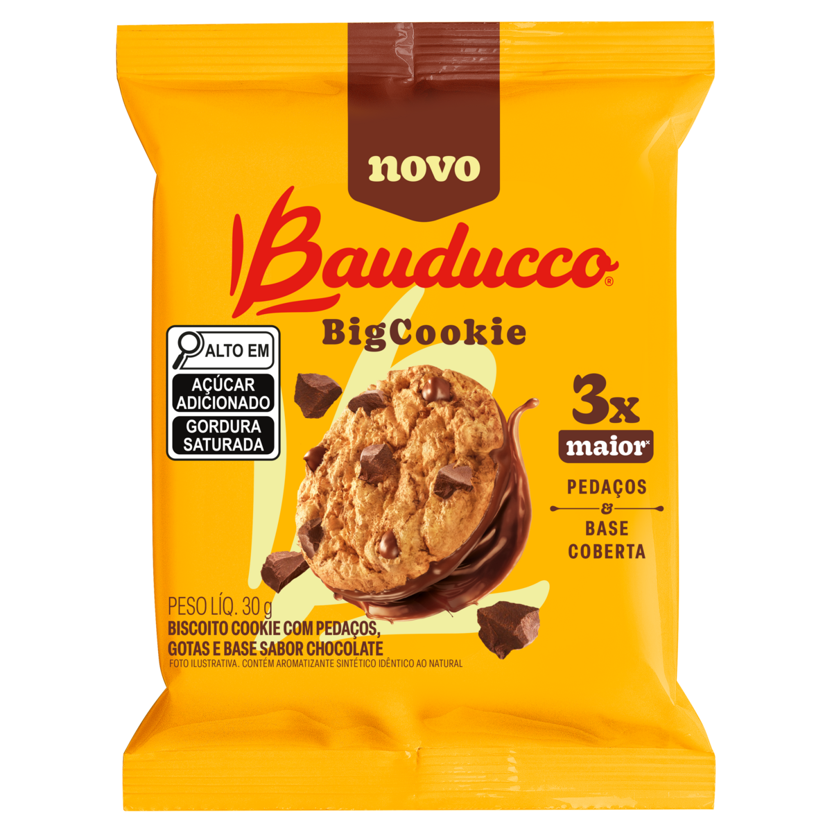 Biscoito Cookie com Pedaços, Gotas e Base de Chocolate Bauducco BigCookie Pacote 30g