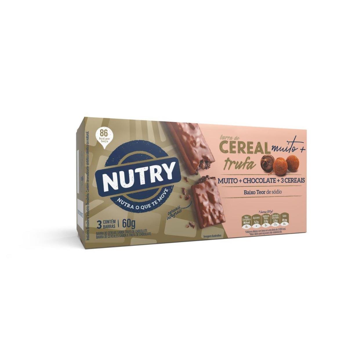 Cereal em Barra Trufa + Chocolate + 3 Cereais NUTRY 60g Caixa com 3 Unidades