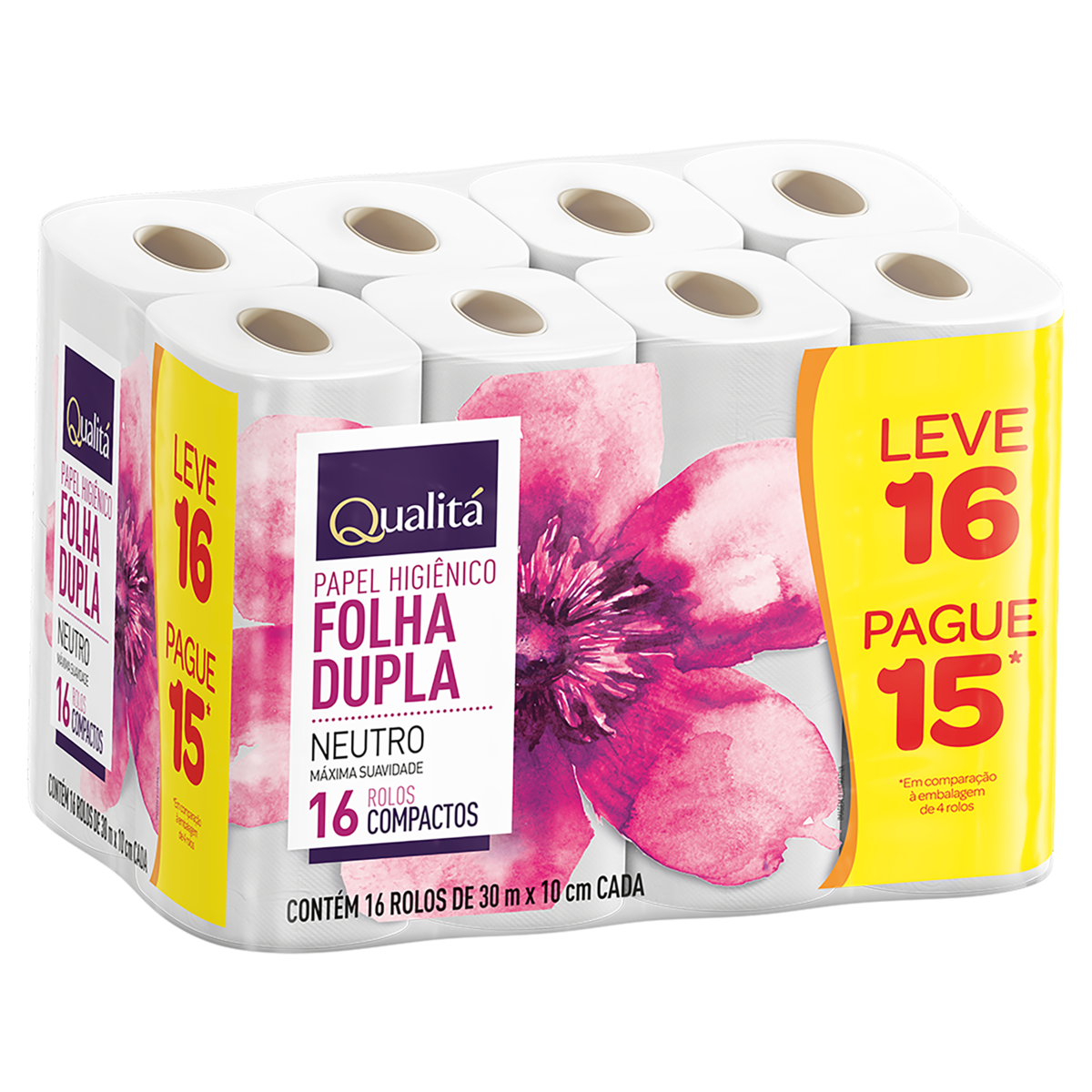 Papel Higiênico Folha Dupla Neutro Qualitá 30m Pacote Leve 16 Pague 15 Unidades
