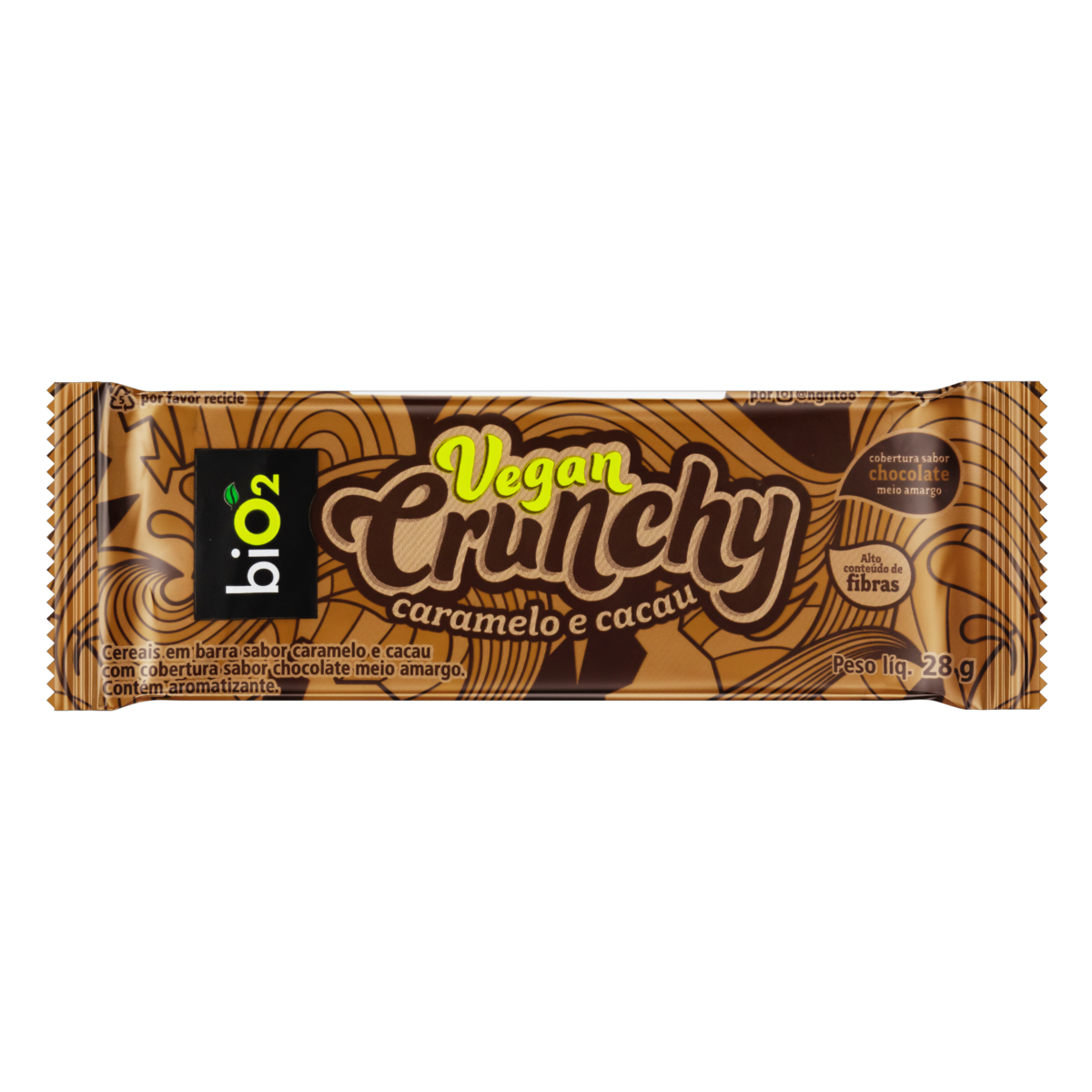 Barra de Cereal Caramelo e Cacau Cobertura Chocolate Meio Amargo biO2 Vegan Crunchy Pacote 28g