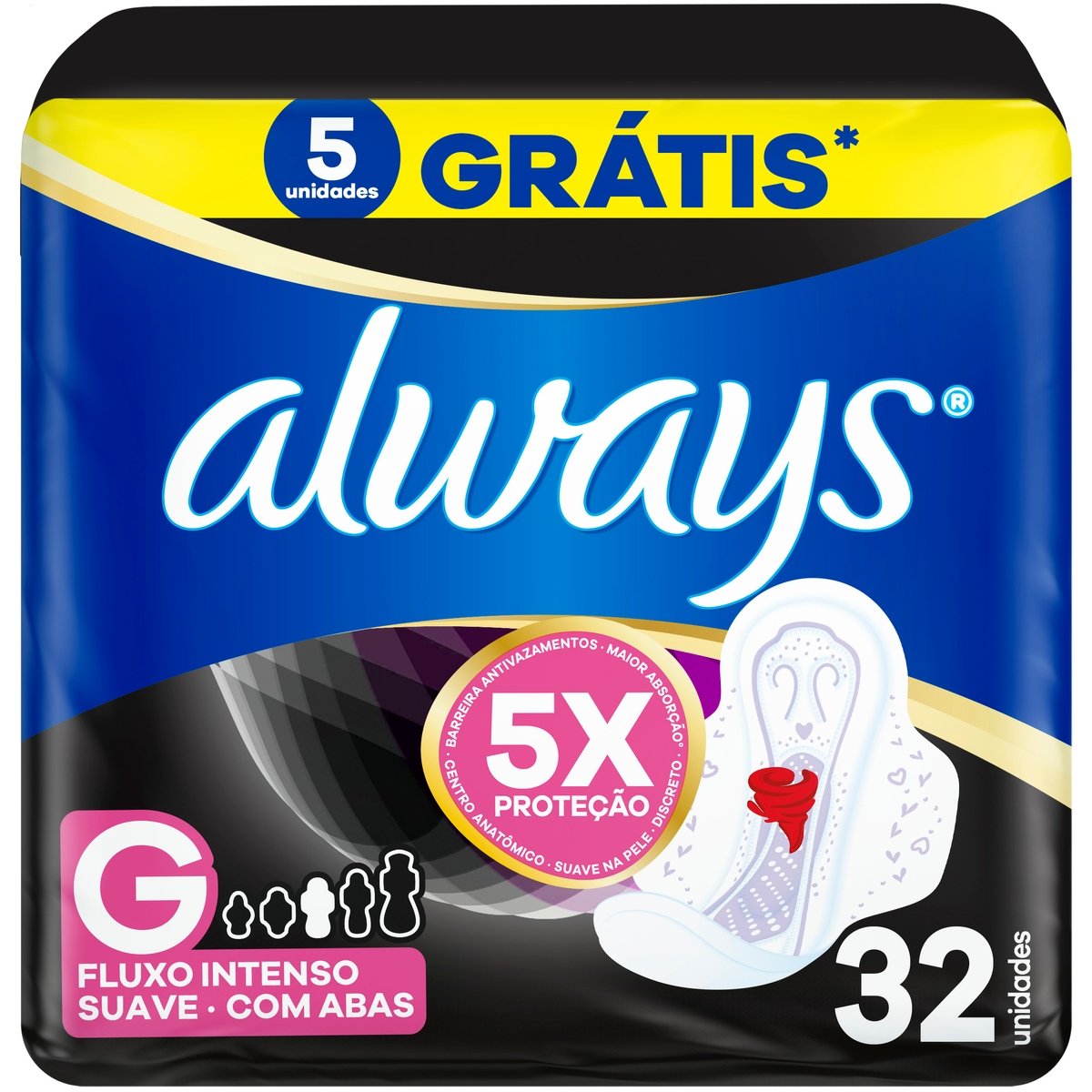 Absorvente com Abas Suave Always Noturno Grande Pacote 32 Unidades Grátis 4 Absorventes