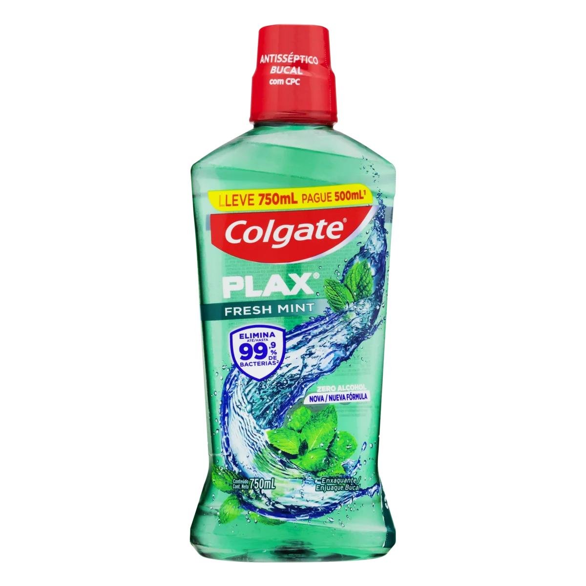 Enxaguante Bucal Antisséptico Zero Álcool Fresh Mint Colgate Plax Frasco Leve 750ml Pague 500ml
